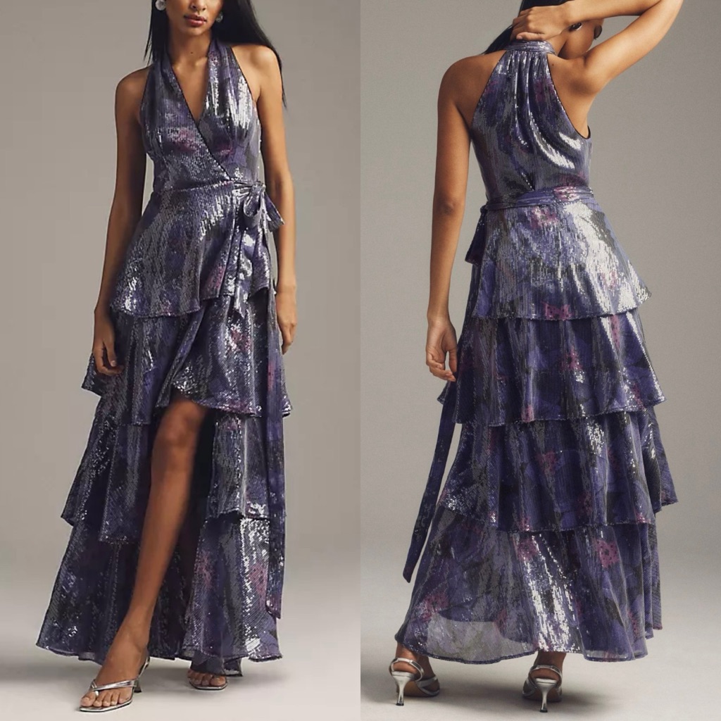 Anthropologie Bhldn Hutch Paige Midnight Poppy Sequin Wrap Maxi Dress